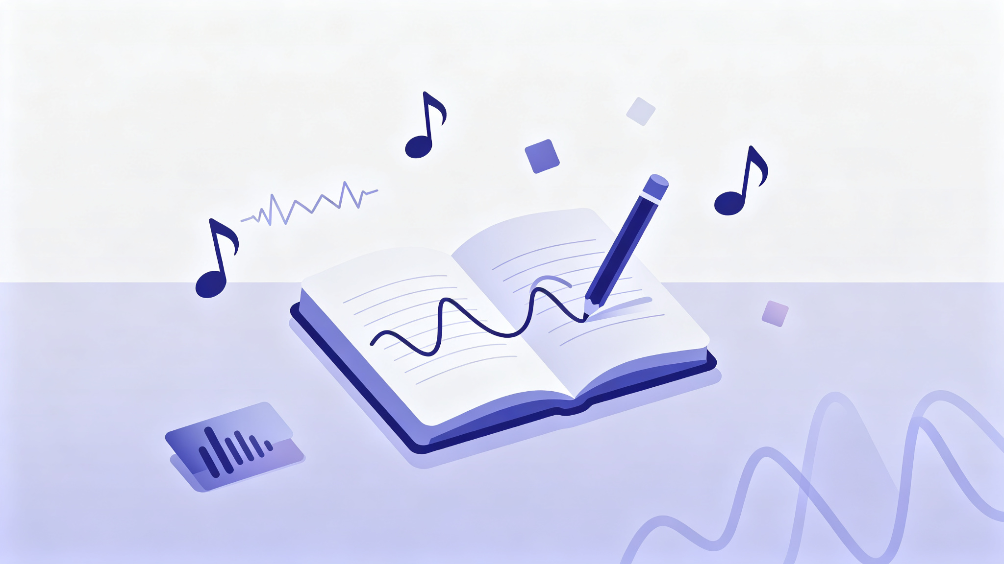 Open lyric notebook with a pencil writing a waveform, surrounded by musical notes in indigo flat illustration