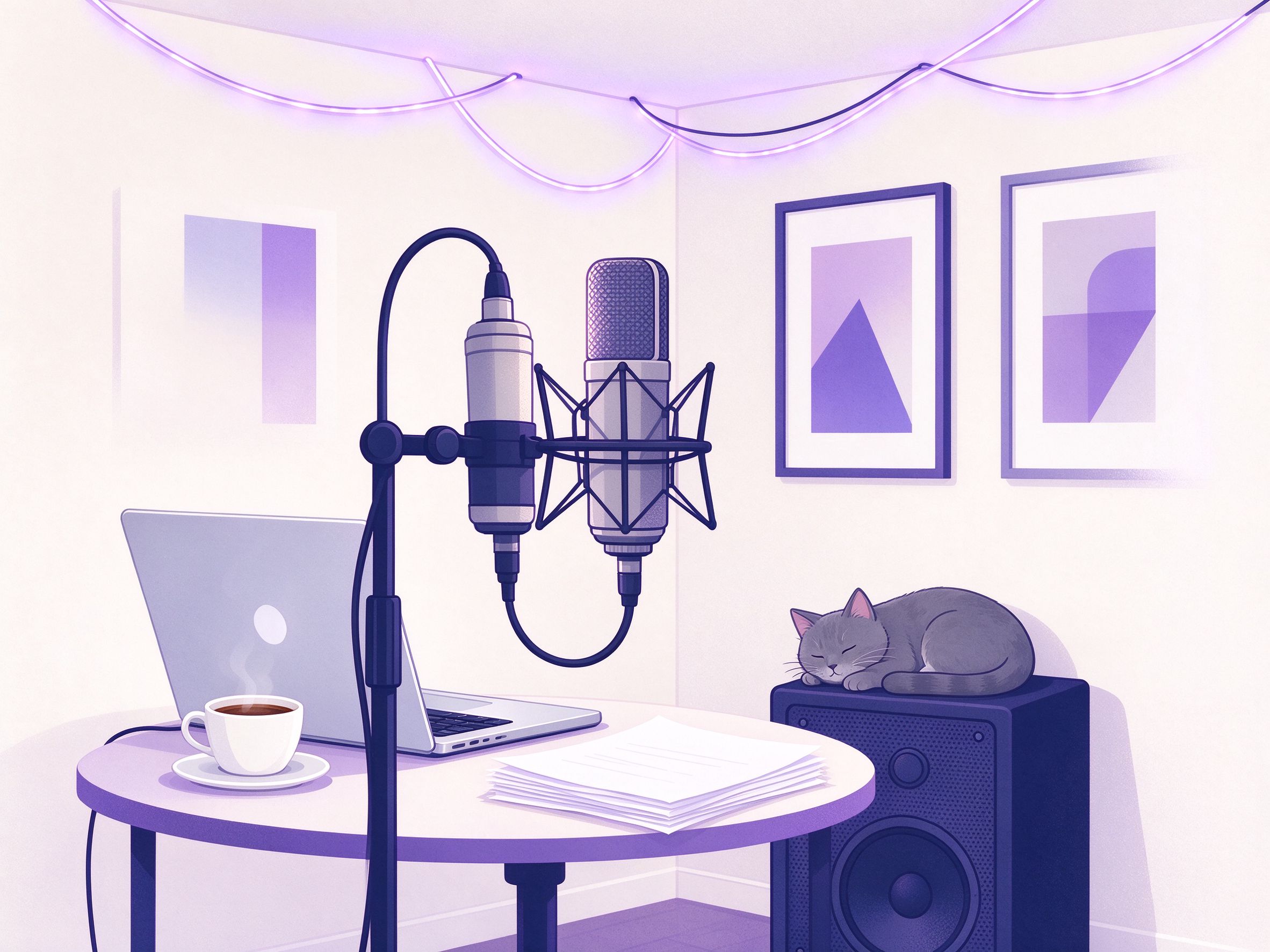 Illustration of a cozy home recording studio corner