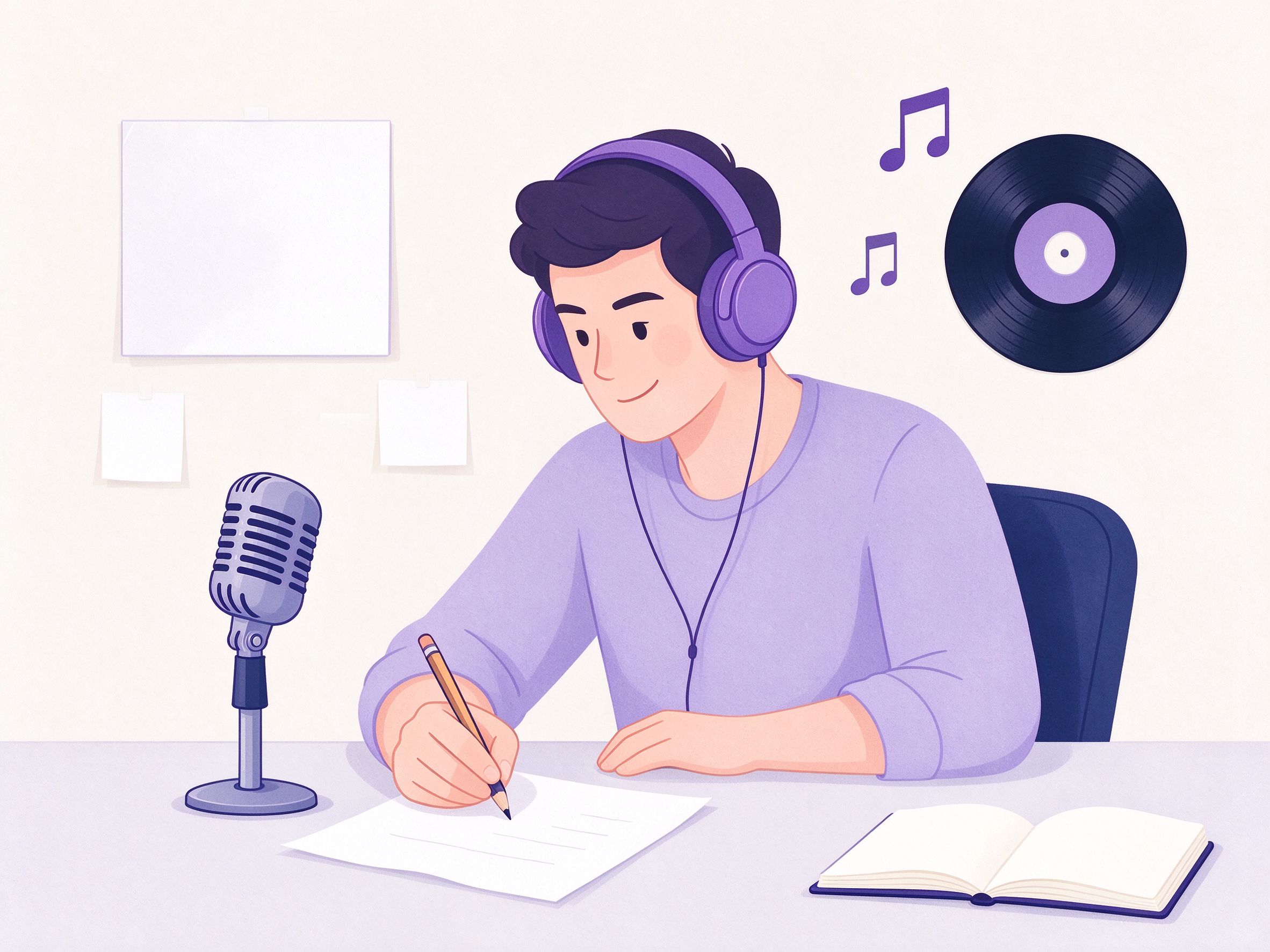 Illustration of a songwriter writing lyrics with headphones